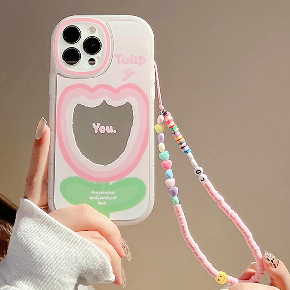 For iPhone 13 Pro TPU Cover Gradient Pink Flower Pattern Mirror Design Phone Case with Wrist Strap For iPhone 13 Pro TPU Cover Gradient Pink Flower Pattern Mirror Design Phone Case with Wrist Strap